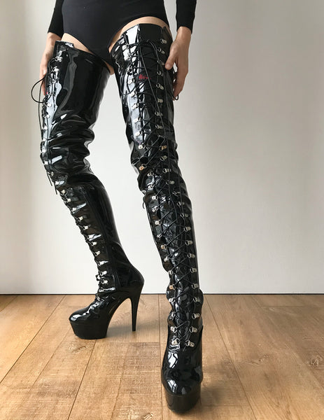 RTBU JACKIE 15cm Platform Crotch Burlesque eel LaceUp Zip Black Patent