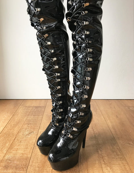 RTBU JACKIE 15cm Platform Crotch Burlesque eel LaceUp Zip Black Patent