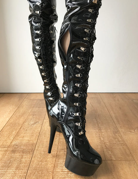 RTBU JACKIE 15cm Platform Crotch Burlesque eel LaceUp Zip Black Patent