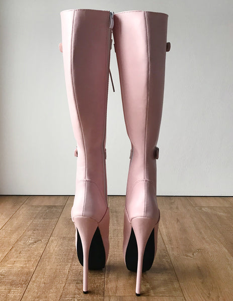 RTBU JESSICA Lace Up Strap Knee Hi Ballet Stiletto Fetish Pain Boots Piggy Pink Matte