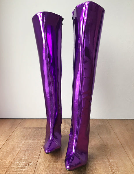 RTBU KIKA Hard Shaft Knee Boots 12cm Stiletto Vegan Personalized Shaft Purple Metallic