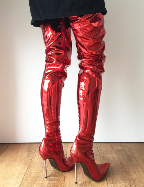 LETHAL 12cm Silver Metal Heel 80cm Crotch Show Boot Metallic Red Fire Customize