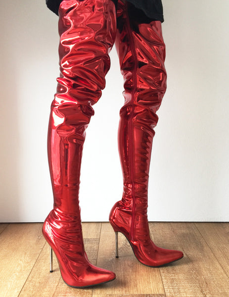 LETHAL 12cm Silver Metal Heel 80cm Crotch Show Boot Metallic Red Fire Customize