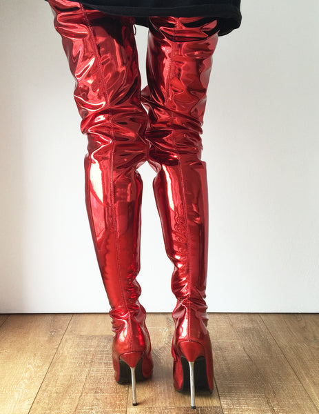 LETHAL 12cm Silver Metal Heel 80cm Crotch Show Boot Metallic Red Fire Customize