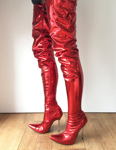 LETHAL 12cm Silver Metal Heel 80cm Crotch Show Boot Metallic Red Fire Customize