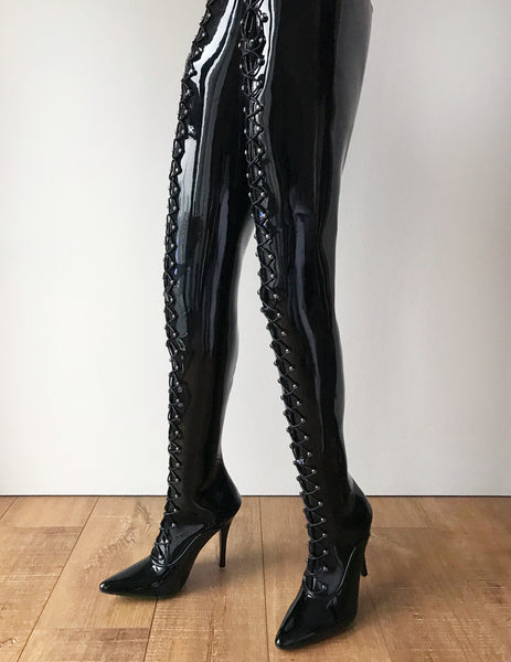 RTBU LULU Crotch Hi Hard Shaft Laceup 18cm Stiletto Boots Black Patent