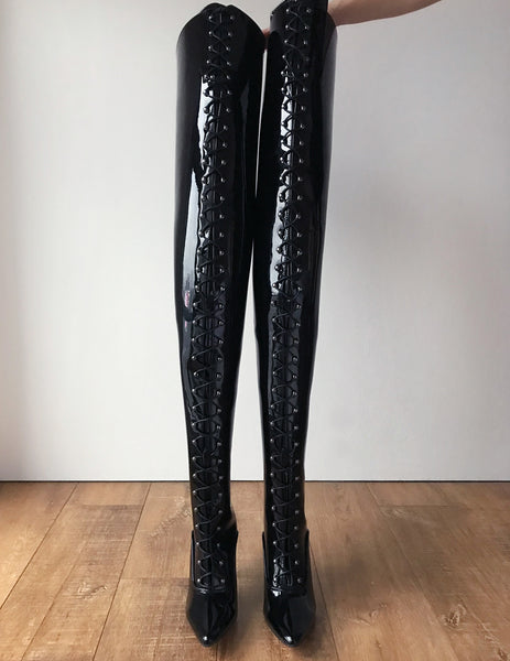 RTBU LULU Crotch Hi Hard Shaft Laceup 18cm Stiletto Boots Black Patent