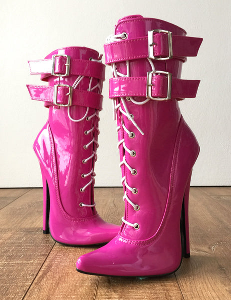 Maid II 18cm 7" Stiletto Heel Fetish 2 Buckle Strap Patent Hot Pink Calf Boots