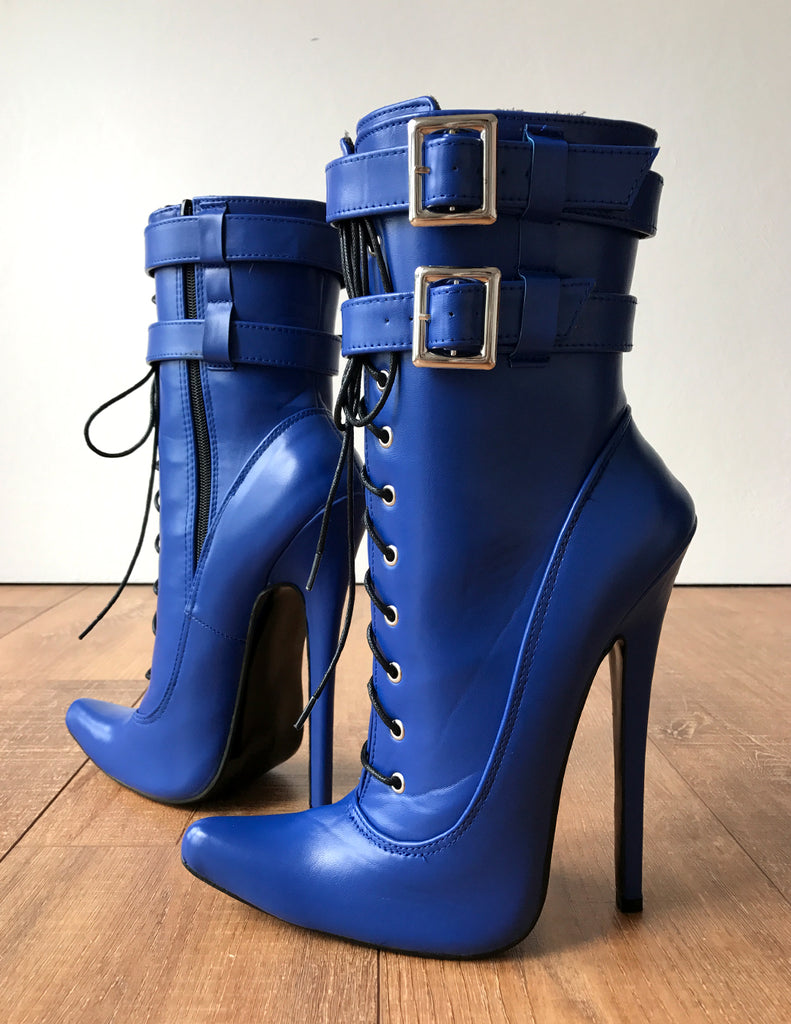 MAID'S (w/ Zip) 18cm Stiletto Fetish Boot Double Wrap Buckle Strap Matte Blue