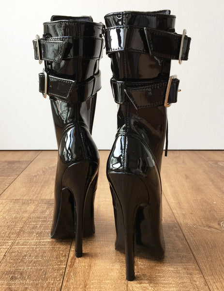 MAID'S II 18cm Stiletto Fetish Boots 2 Wrap Buckle Strap Patent Black