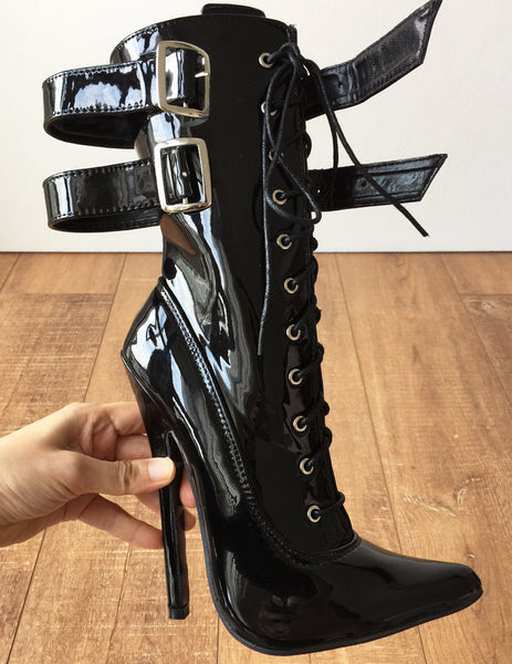MAID'S II 18cm Stiletto Fetish Boots 2 Wrap Buckle Strap Patent Black