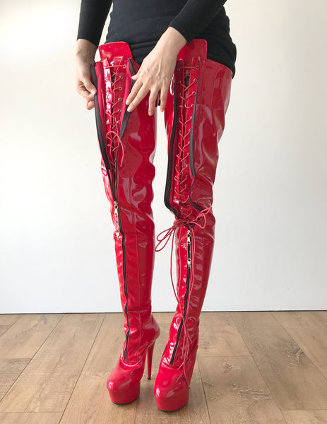 RTBU PAUL 15cm Platform Crotch Lockable Burlesque LaceUp Zip Red Patent