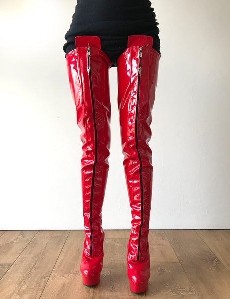 RTBU PAUL 15cm Platform Crotch Lockable Burlesque LaceUp Zip Red Patent