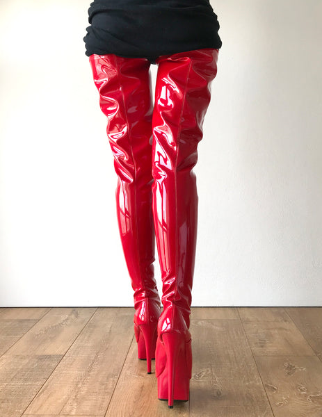 RTBU PAUL 15cm Platform Crotch Lockable Burlesque LaceUp Zip Red Patent