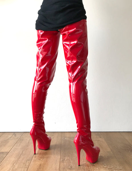 RTBU PAUL 15cm Platform Crotch Lockable Burlesque LaceUp Zip Red Patent