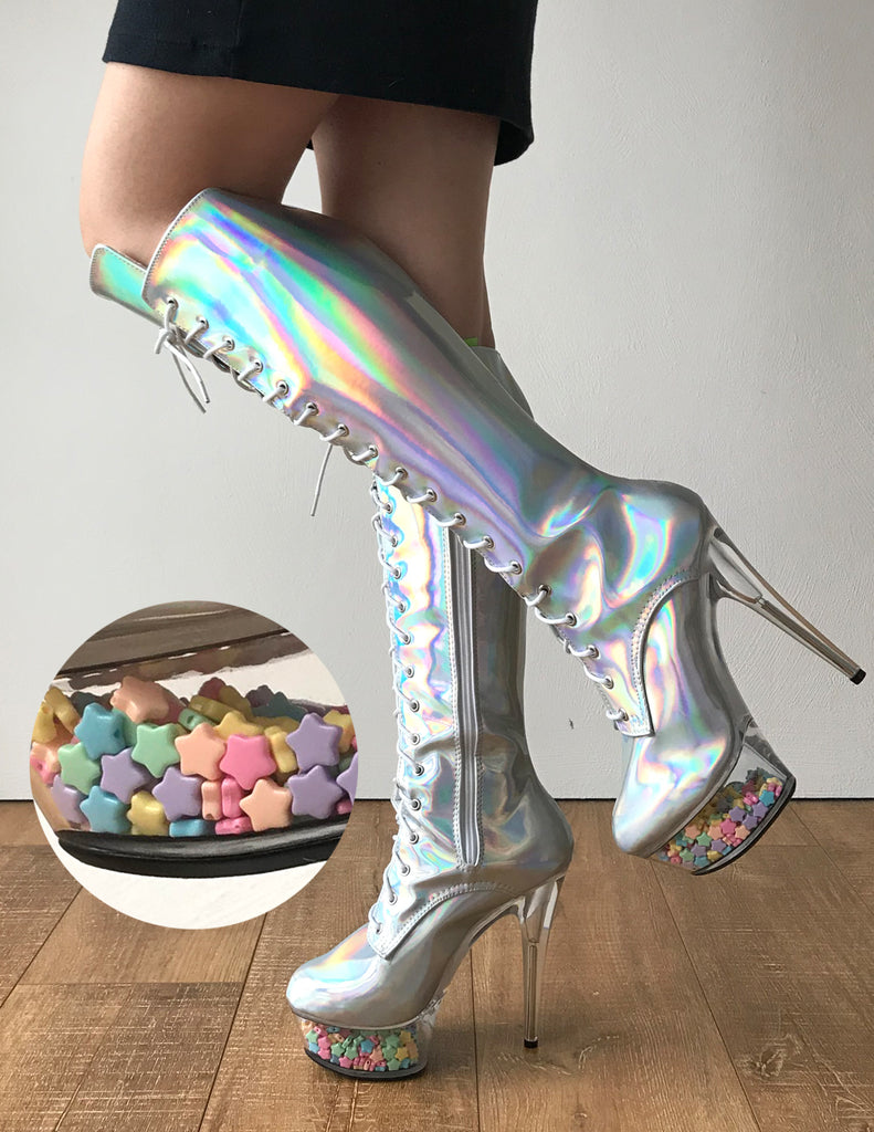 RTBU PEGASUS 15cm Platform Laceup Zip Runway Knee Hi Show Punk Larp Silver Hologram