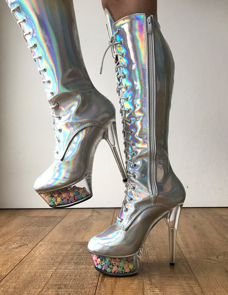 RTBU PEGASUS 15cm Platform Laceup Zip Runway Knee Hi Show Punk Larp Silver Hologram