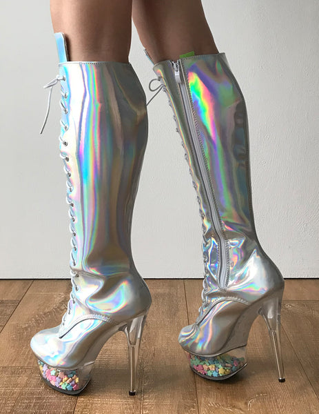 RTBU PEGASUS 15cm Platform Laceup Zip Runway Knee Hi Show Punk Larp Silver Hologram