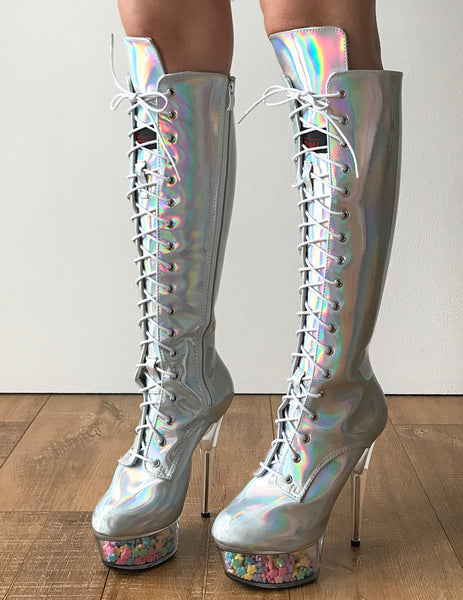 RTBU PEGASUS 15cm Platform Laceup Zip Runway Knee Hi Show Punk Larp Silver Hologram