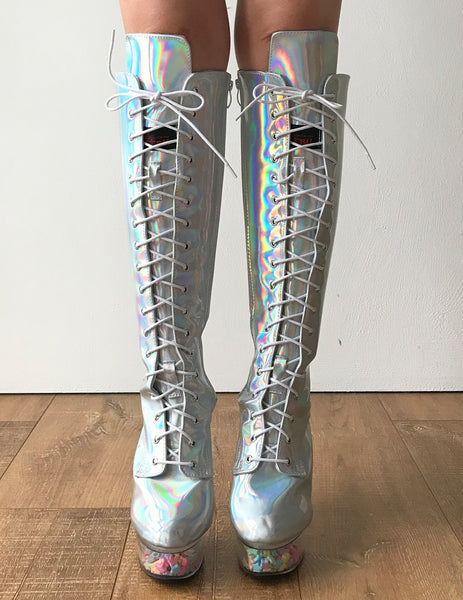 RTBU PEGASUS 15cm Platform Laceup Zip Runway Knee Hi Show Punk Larp Silver Hologram