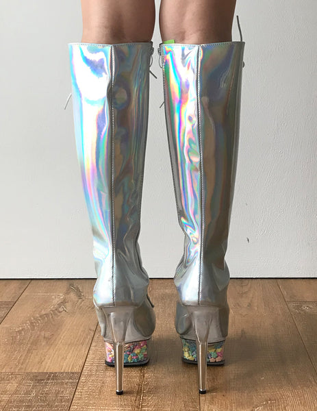 RTBU PEGASUS 15cm Platform Laceup Zip Runway Knee Hi Show Punk Larp Silver Hologram