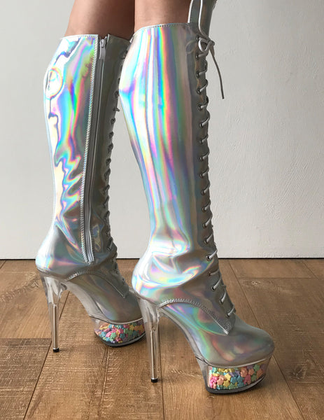 RTBU PEGASUS 15cm Platform Laceup Zip Runway Knee Hi Show Punk Larp Silver Hologram