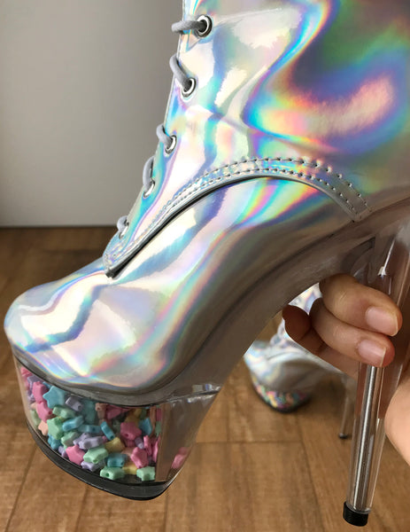 RTBU PEGASUS 15cm Platform Laceup Zip Runway Knee Hi Show Punk Larp Silver Hologram