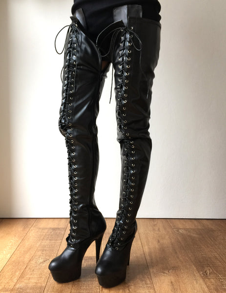 RTBU PERKINS 15cm Platform 80cm Crotch Burlesque eel LaceUp Zip Black Matte