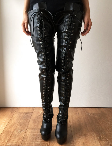 RTBU PERKINS 15cm Platform 80cm Crotch Burlesque eel LaceUp Zip Black Matte