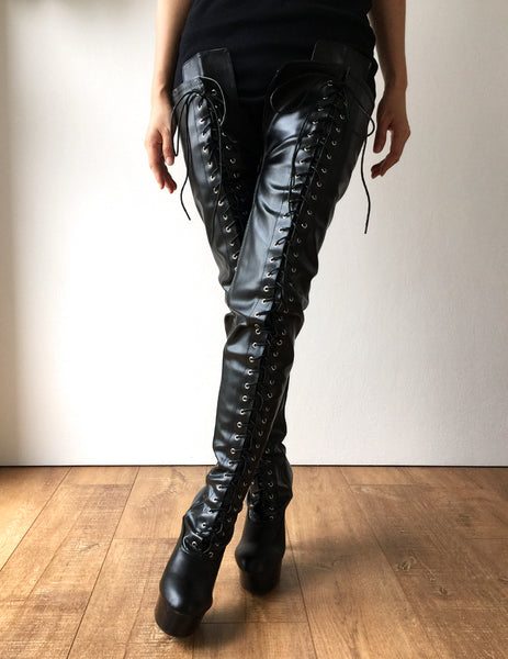 RTBU PERKINS 15cm Platform 80cm Crotch Burlesque eel LaceUp Zip Black Matte