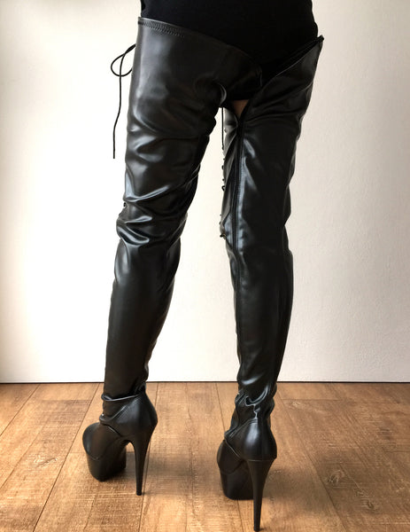 RTBU PERKINS 15cm Platform 80cm Crotch Burlesque eel LaceUp Zip Black Matte