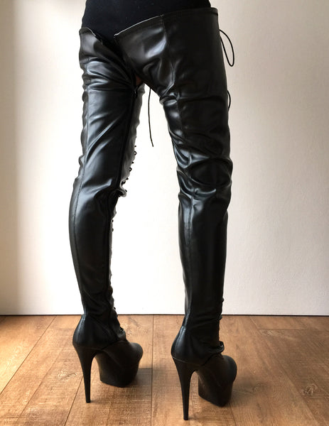 RTBU PERKINS 15cm Platform 80cm Crotch Burlesque eel LaceUp Zip Black Matte