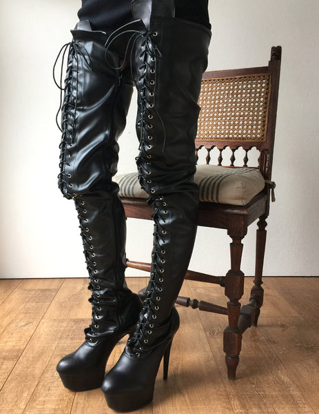 RTBU PERKINS 15cm Platform 80cm Crotch Burlesque eel LaceUp Zip Black Matte