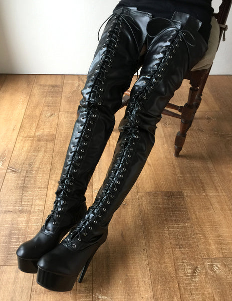 RTBU PERKINS 15cm Platform 80cm Crotch Burlesque eel LaceUp Zip Black Matte