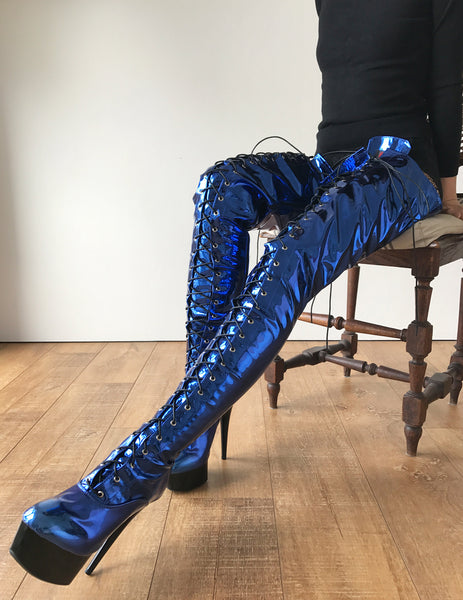 RTBU PERKINS 15cm Platform Crotch Burlesque eel LaceUp Zip Blue Metallic