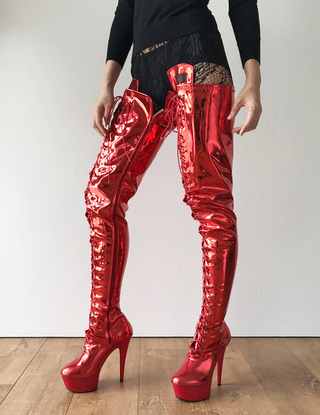 RTBU PERKINS 15cm Platform Crotch Burlesque eel LaceUp Zip Red Metallic