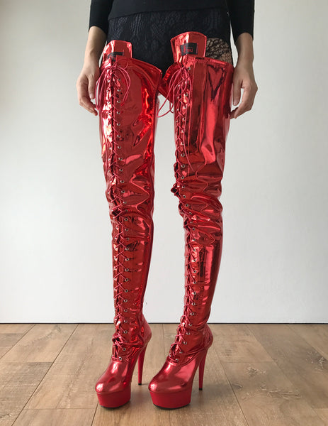 RTBU PERKINS 15cm Platform Crotch Burlesque eel LaceUp Zip Red Metallic