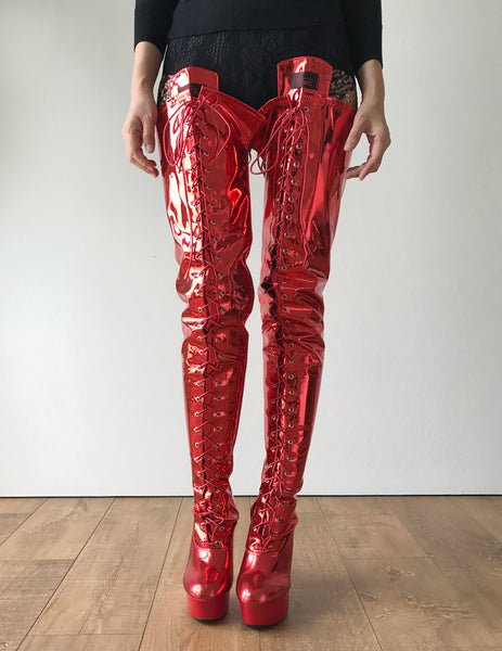 RTBU PERKINS 15cm Platform Crotch Burlesque eel LaceUp Zip Red Metallic