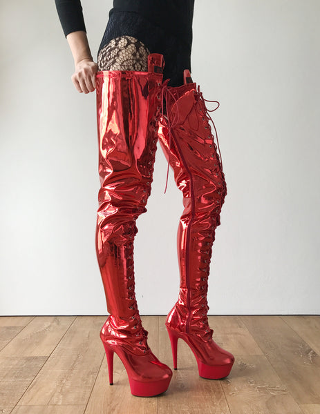 RTBU PERKINS 15cm Platform Crotch Burlesque eel LaceUp Zip Red Metallic