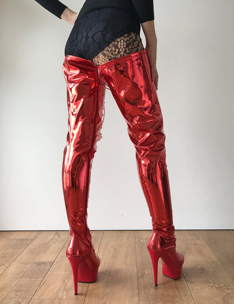 RTBU PERKINS 15cm Platform Crotch Burlesque eel LaceUp Zip Red Metallic