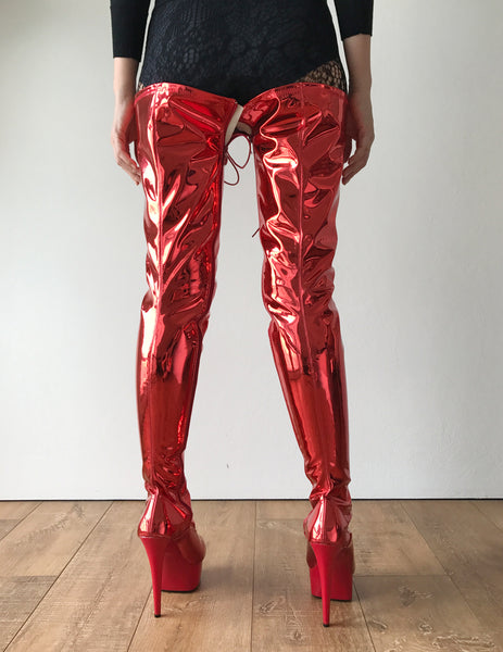 RTBU PERKINS 15cm Platform Crotch Burlesque eel LaceUp Zip Red Metallic