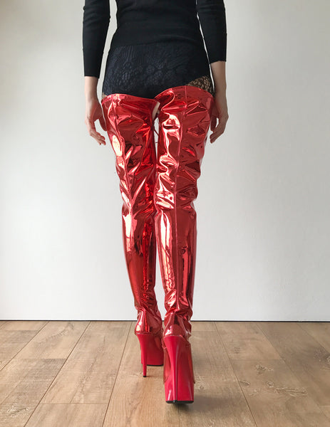 RTBU PERKINS 15cm Platform Crotch Burlesque eel LaceUp Zip Red Metallic