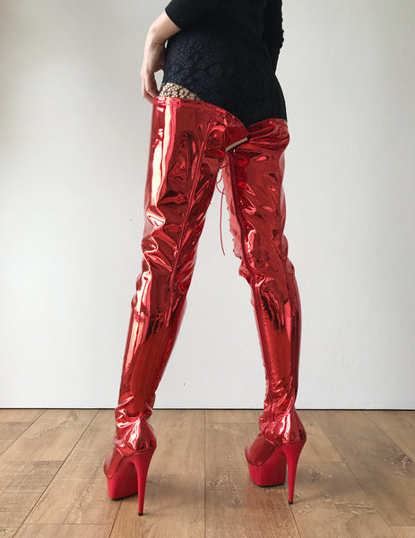 RTBU PERKINS 15cm Platform Crotch Burlesque eel LaceUp Zip Red Metallic