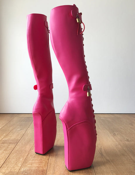 RTBU QUAN Ballet Wedge Hoof Heelless Lockable Boot Hot Pink Matte