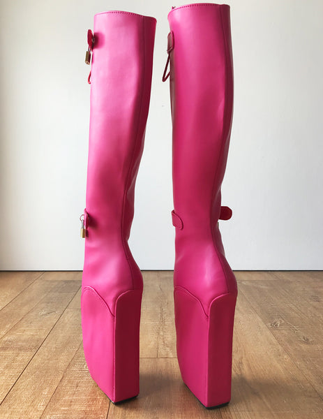 RTBU QUAN Ballet Wedge Hoof Heelless Lockable Boot Hot Pink Matte