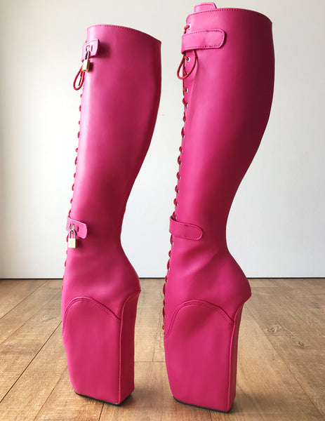 RTBU QUAN Ballet Wedge Hoof Heelless Lockable Boot Hot Pink Matte