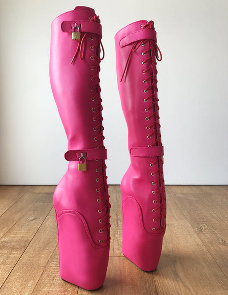 RTBU QUAN Ballet Wedge Hoof Heelless Lockable Boot Hot Pink Matte