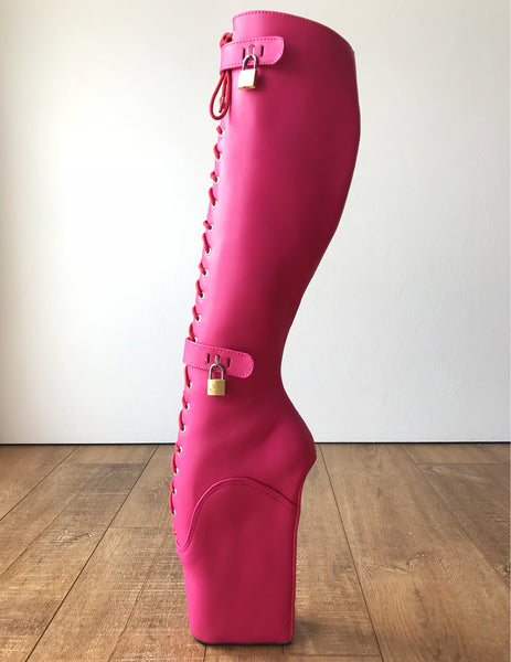 RTBU QUAN Ballet Wedge Hoof Heelless Lockable Boot Hot Pink Matte