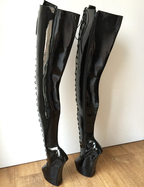 PONY 85cm Hard Shaft Hoof Sole Wedge Platform Fetish Heelless Lace-up Horse Boot