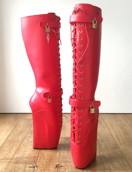 Beginner QUAN Hoof Sole Heelless Fetish Goth Pinup Ballet Lockable Wedge Boots